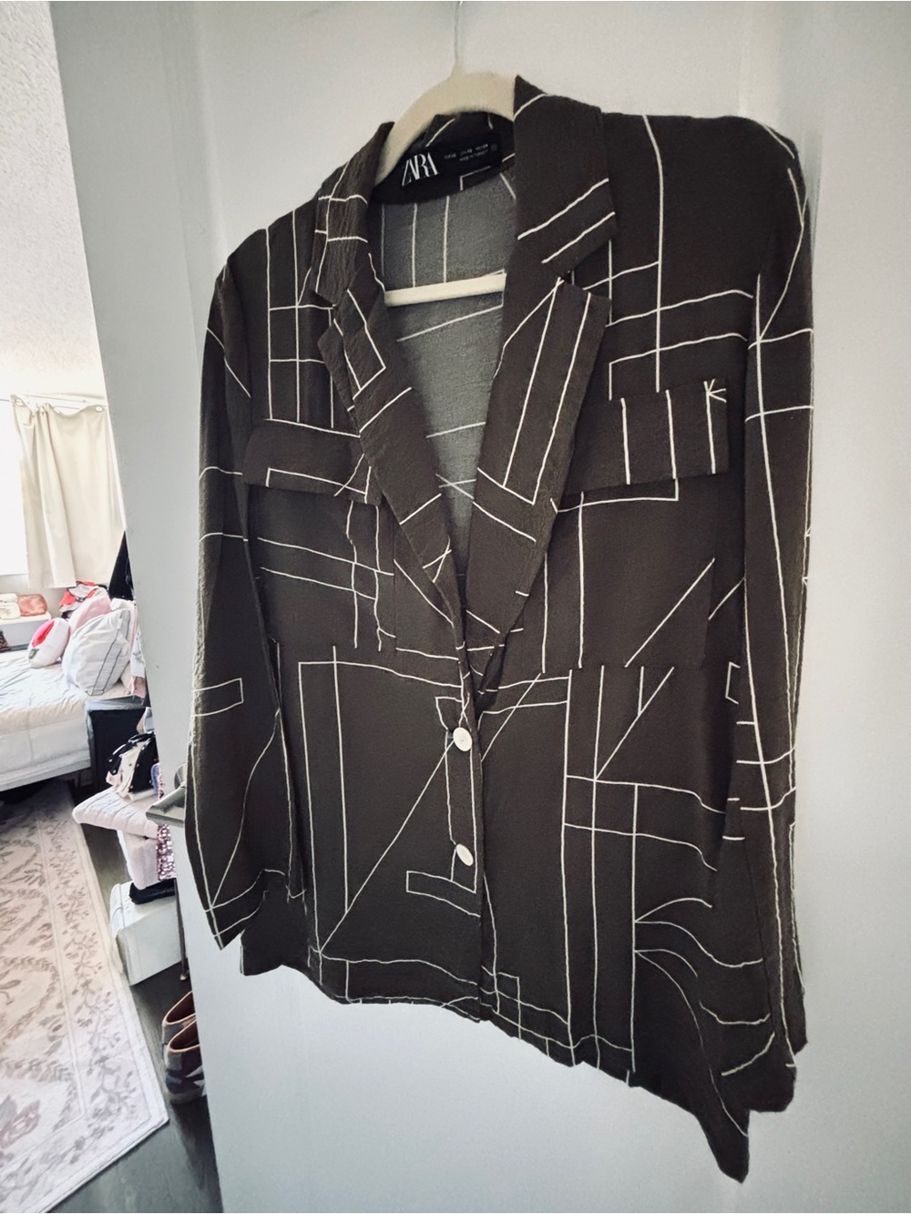 Zara Army Green Button-Front Geometric Print Blazer
